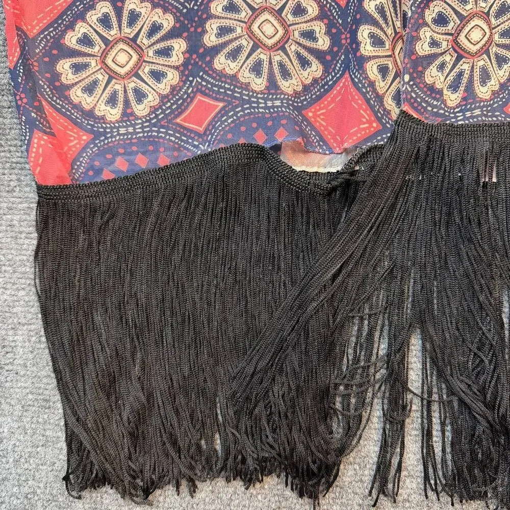 M. Fasis California Blue Fringe Paisley Sheer Shawl Kimono L